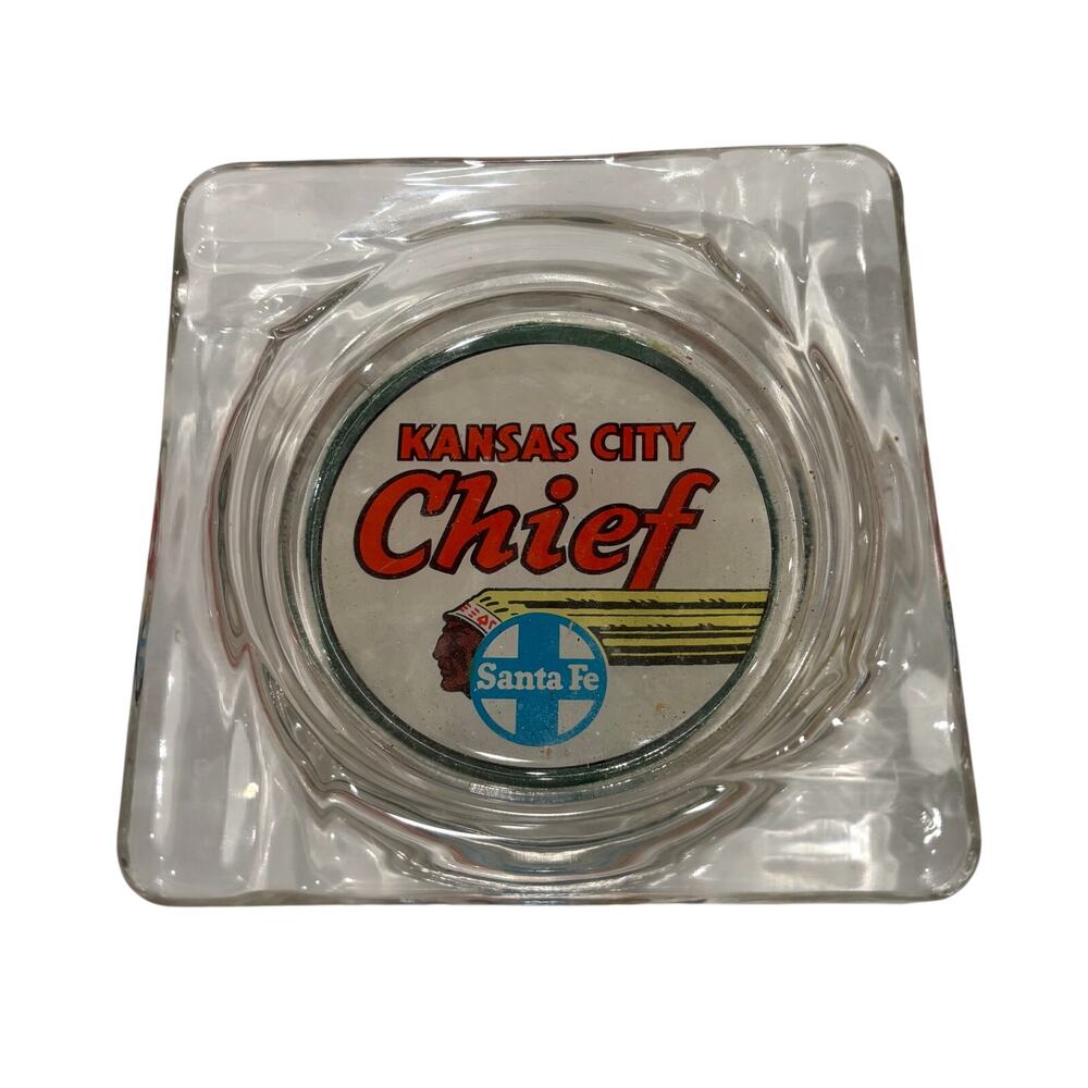 RARE Vintage Marketing Glass Ashtray Santa Fe Railroad Kansas City Indian Chief
